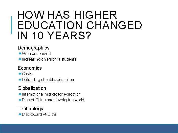 HOW HAS HIGHER EDUCATION CHANGED IN 10 YEARS? Demographics Greater demand Increasing diversity of