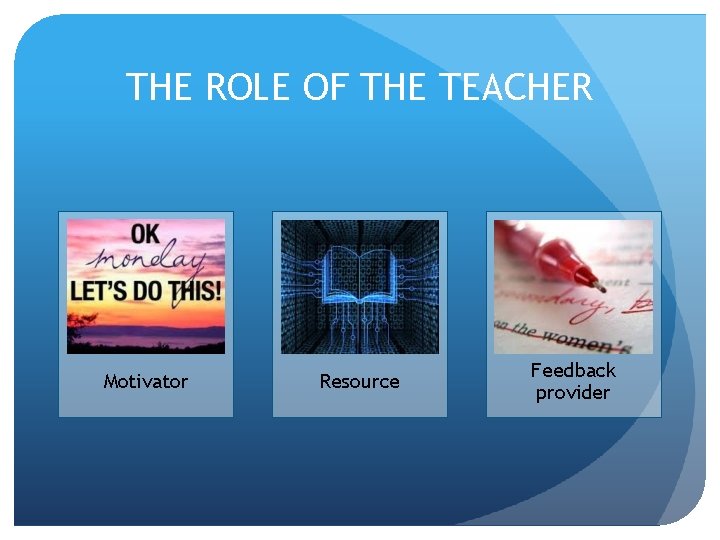 THE ROLE OF THE TEACHER Motivator Resource Feedback provider 