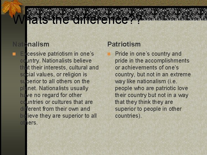 Whats the difference? ? Natonalism Patriotism n Excessive patriotism in one’s n Pride in