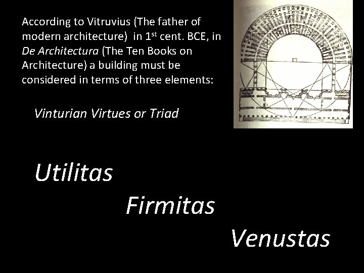 According to Vitruvius (The father of modern architecture) in 1 st cent. BCE, in