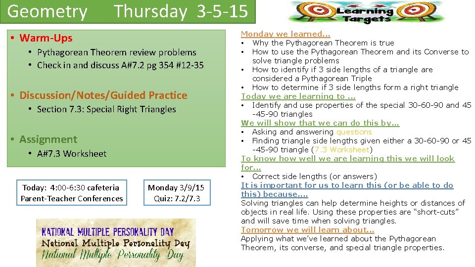 Geometry Thursday 3 5 15 WarmUps Pythagorean Theorem
