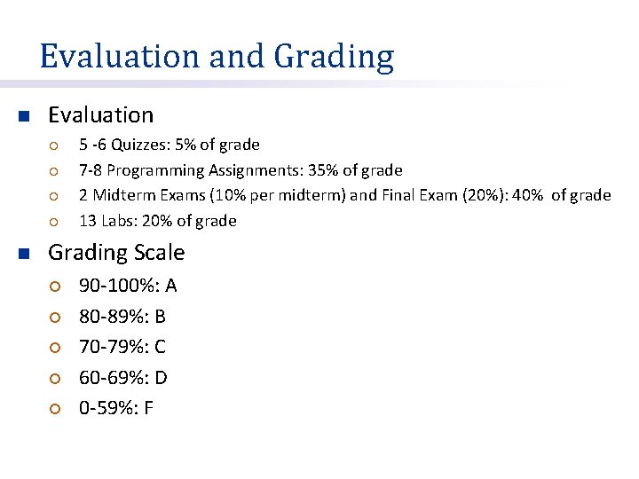 Evaluation and Grading n Evaluation ¡ ¡ n 5 -6 Quizzes: 5% of grade