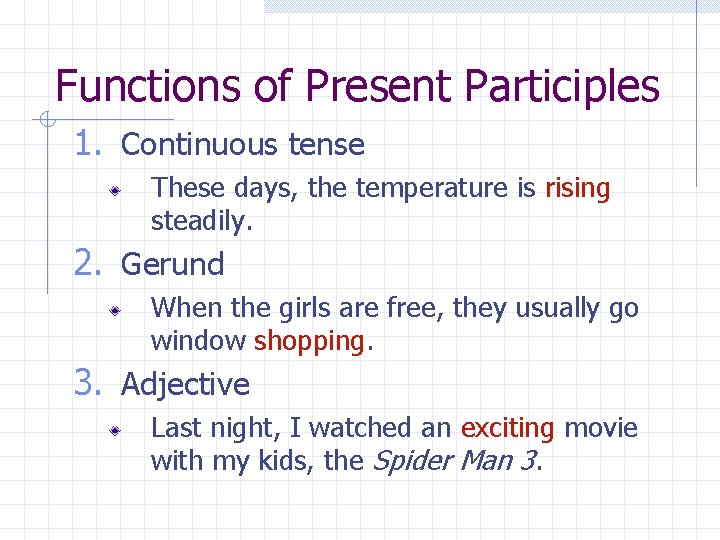 Functions of Present Participles 1. Continuous tense These days, the temperature is rising steadily.