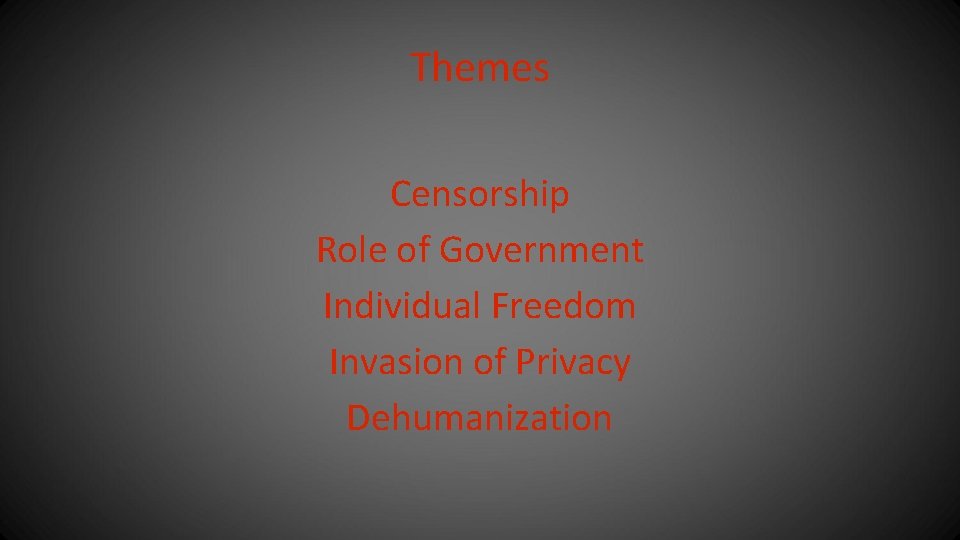 Themes Censorship Role of Government Individual Freedom Invasion of Privacy Dehumanization 