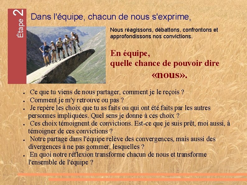 2 Étape Dans l'équipe, chacun de nous s'exprime, Nous réagissons, débattons, confrontons et approfondissons 2 Étape Dans l'équipe, chacun de nous s'exprime, Nous réagissons, débattons, confrontons et approfondissons