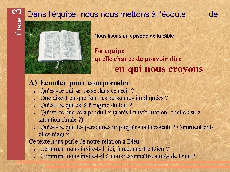 3 Étape Dans l'équipe, nous mettons à l'écoute la Parole de Dieu. de Nous 3 Étape Dans l'équipe, nous mettons à l'écoute la Parole de Dieu. de Nous
