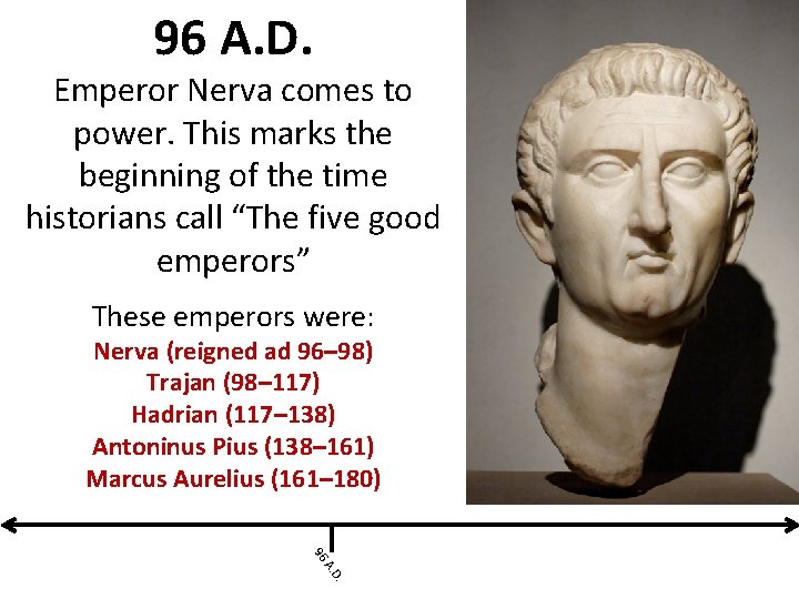 96 A. D. Emperor Nerva comes to power. This marks the beginning of the