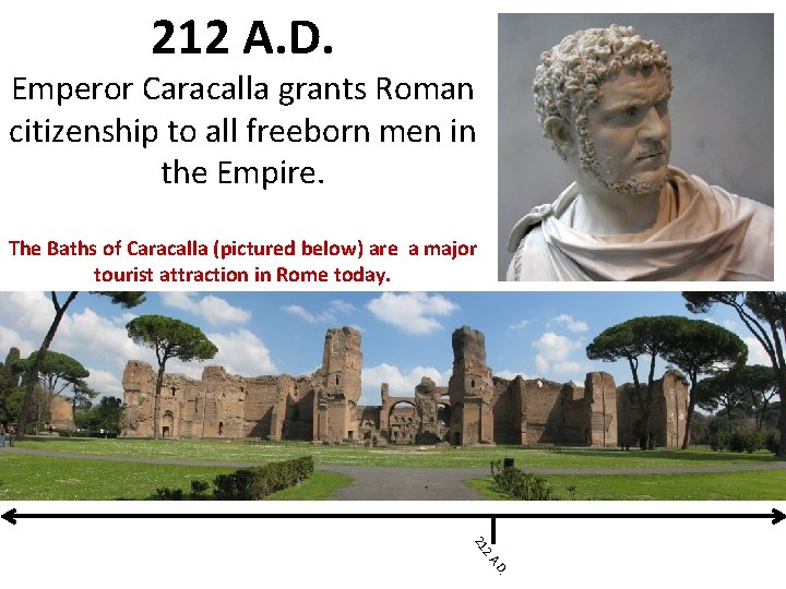 212 A. D. Emperor Caracalla grants Roman citizenship to all freeborn men in the