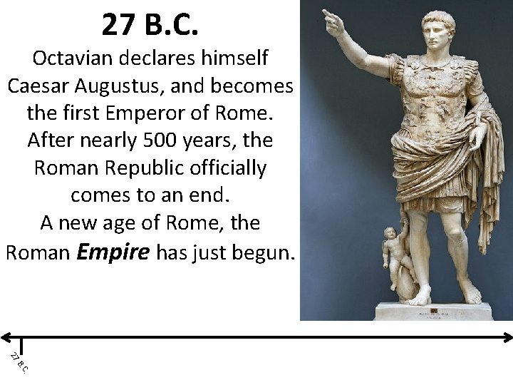 27 B. C. Octavian declares himself Caesar Augustus, and becomes the first Emperor of