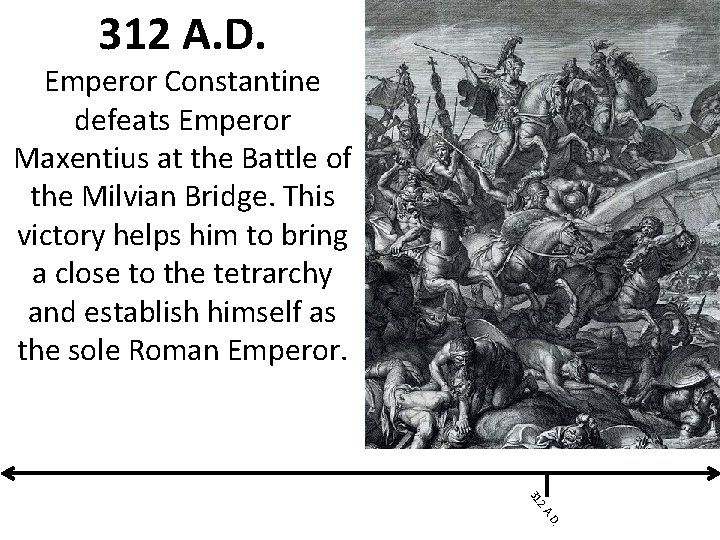 312 A. D. Emperor Constantine defeats Emperor Maxentius at the Battle of the Milvian