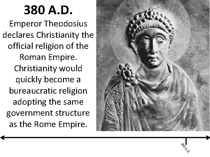 380 A. D. Emperor Theodosius declares Christianity the official religion of the Roman Empire.
