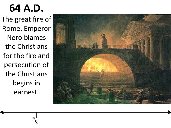 64 A. D. The great fire of Rome. Emperor Nero blames the Christians for