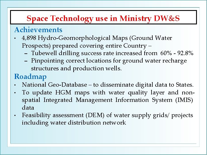 Space Technology use in Ministry DW&S Achievements • 4, 898 Hydro-Geomorphological Maps (Ground Water