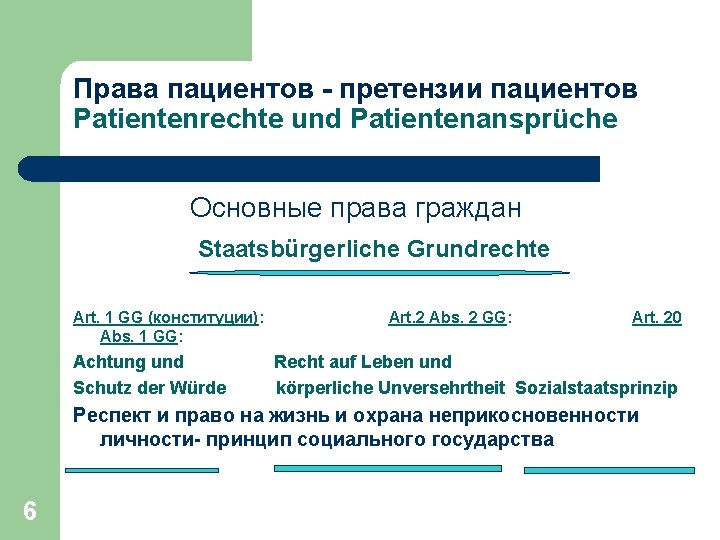 Права пациентов - претензии пациентов Patientenrechte und Patientenansprüche Основные права граждан Staatsbürgerliche Grundrechte Art.