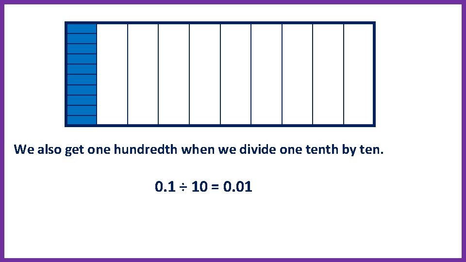 We also get one hundredth when we divide one tenth by ten. 0. 1