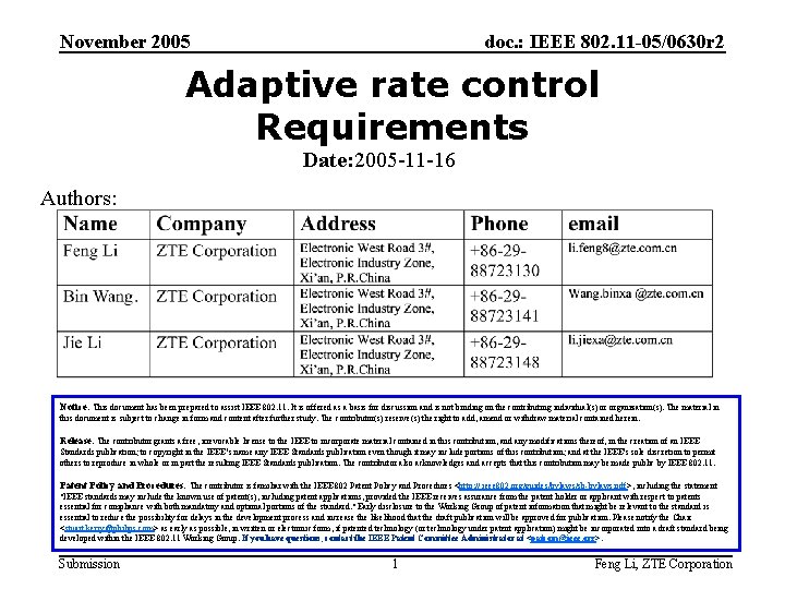 November 2005 doc. : IEEE 802. 11 -05/0630 r 2 Adaptive rate control Requirements