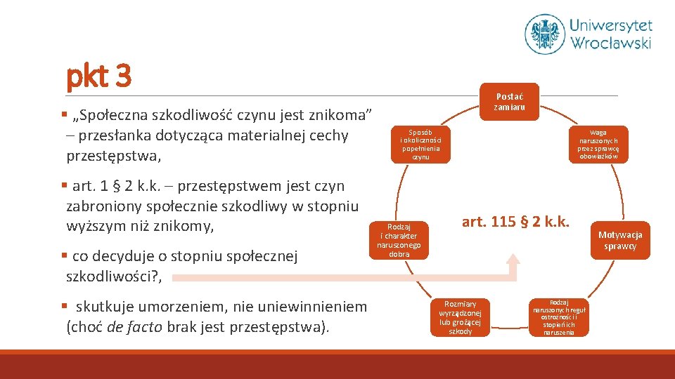 pkt 3 § „Społeczna szkodliwość czynu jest znikoma” – przesłanka dotycząca materialnej cechy przestępstwa,