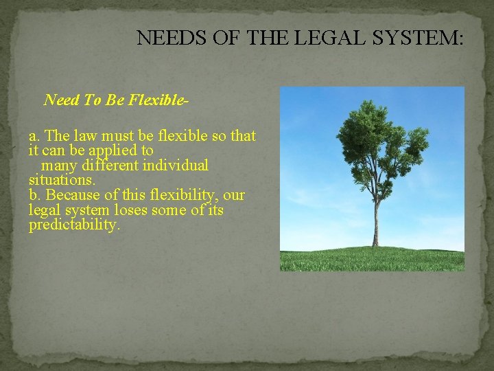NEEDS OF THE LEGAL SYSTEM: Need To Be Flexiblea. The law must be flexible