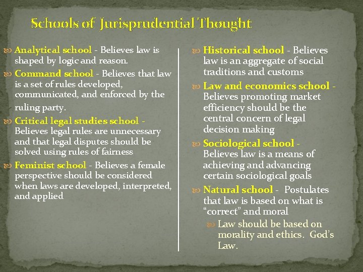 Schools of Jurisprudential Thought Analytical school - Believes law is shaped by logic and