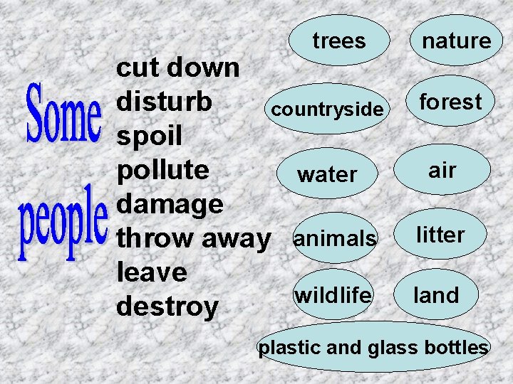 trees cut down disturb countryside spoil pollute water damage throw away animals leave wildlife