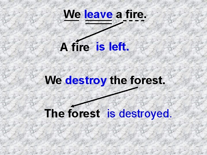 We leave a fire. A fire is left. We destroy the forest. The forest