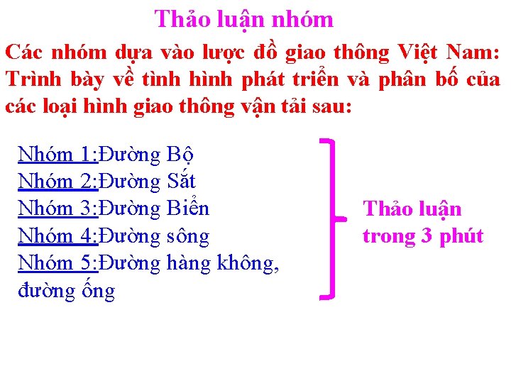 Thảo luận nhóm Các nhóm dựa vào lược đồ giao thông Việt Nam: Trình