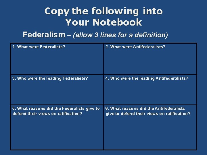 Copy the following into Your Notebook Federalism – (allow 3 lines for a definition)