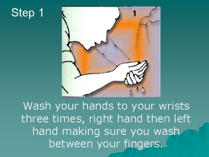 Step 1 Wash your hands to your wrists three times, right hand then left