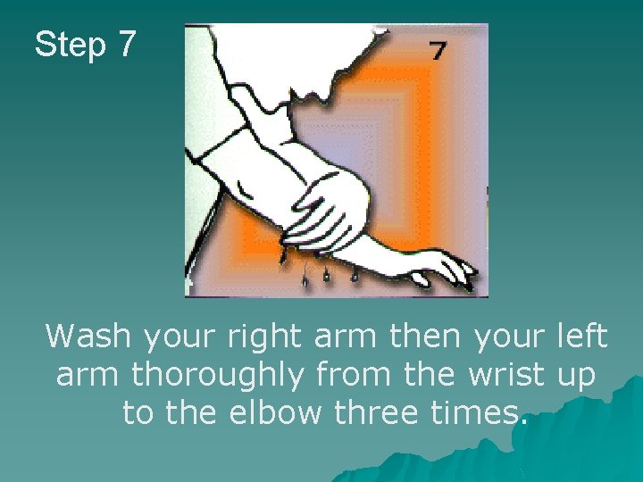 Step 7 Wash your right arm then your left arm thoroughly from the wrist