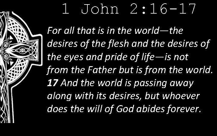1 John 2: 16 -17 For all that is in the world—the desires of