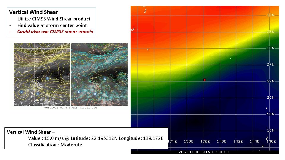Vertical Wind Shear - Utilize CIMSS Wind Shear product Find value at storm center