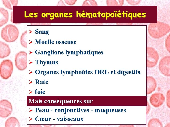 Les organes hématopoïétiques Ø Sang Ø Moelle osseuse Ganglions lymphatiques Ø Thymus Ø Organes
