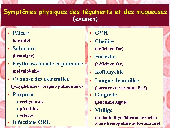 Symptômes physiques des téguments et des muqueuses (examen) § § Pâleur § GVH (anémie)