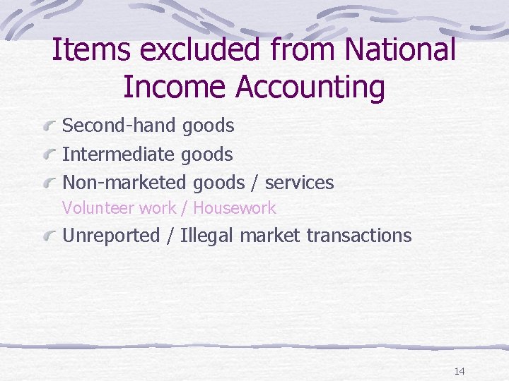 Items excluded from National Income Accounting Second-hand goods Intermediate goods Non-marketed goods / services