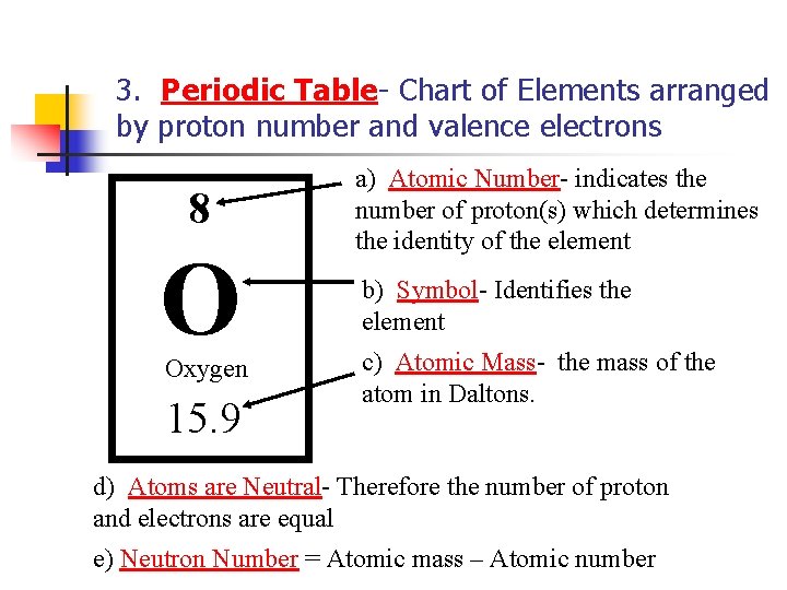 3. Periodic Table- Chart of Elements arranged by proton number and valence electrons 8