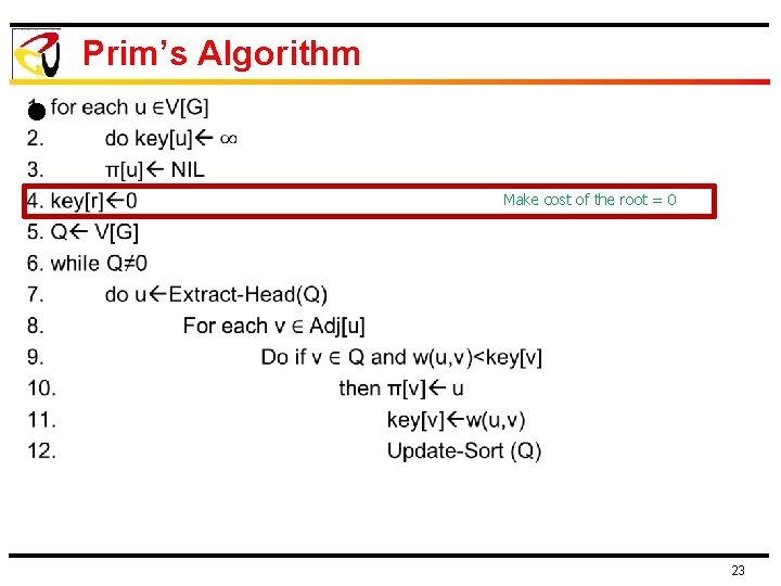 Prim’s Algorithm l Make cost of the root = 0 23 