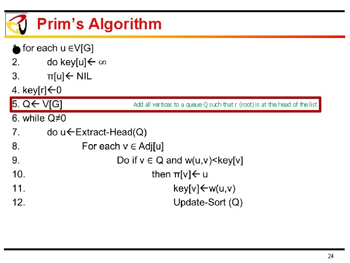 Prim’s Algorithm l Add all vertices to a queue Q such that r (root)