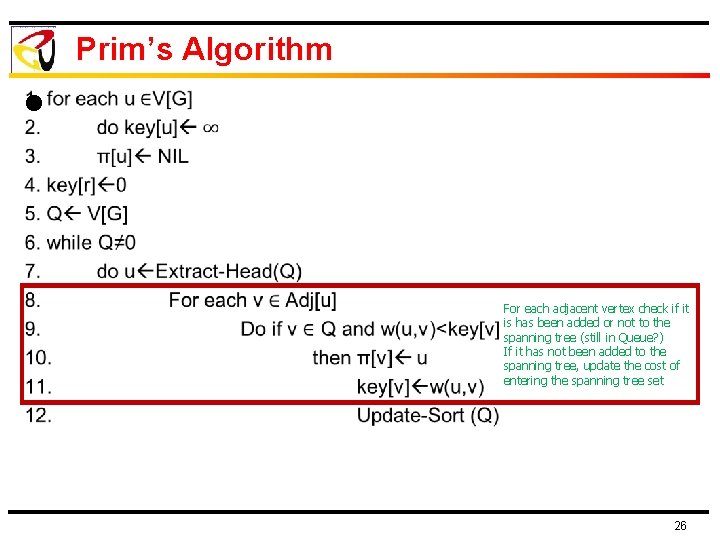 Prim’s Algorithm l For each adjacent vertex check if it is has been added