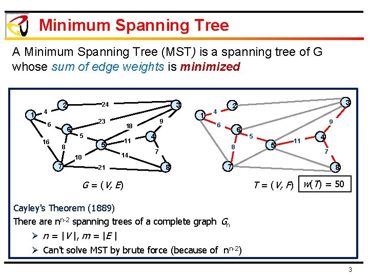 Minimum Spanning Tree A Minimum Spanning Tree (MST) is a spanning tree of G