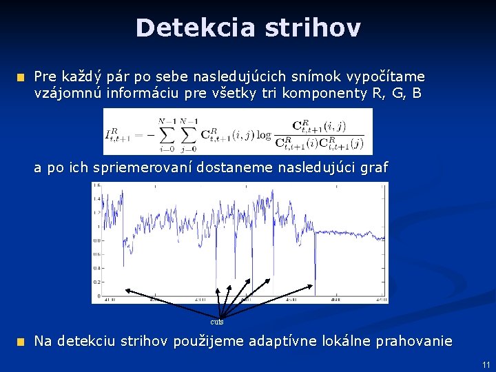 Detekcia strihov Pre každý pár po sebe nasledujúcich snímok vypočítame vzájomnú informáciu pre všetky