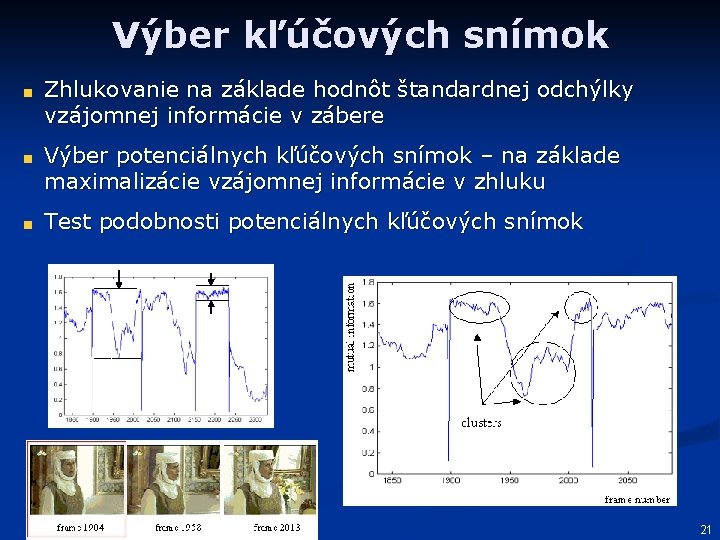 Výber kľúčových snímok Zhlukovanie na základe hodnôt štandardnej odchýlky vzájomnej informácie v zábere Výber