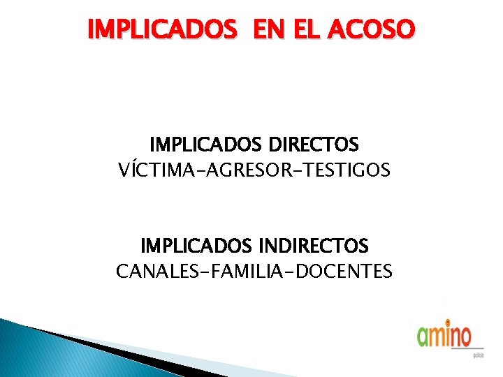 IMPLICADOS EN EL ACOSO IMPLICADOS DIRECTOS VÍCTIMA-AGRESOR-TESTIGOS IMPLICADOS INDIRECTOS CANALES-FAMILIA-DOCENTES 