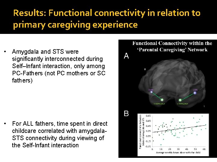 Results: Functional connectivity in relation to primary caregiving experience • Amygdala and STS were