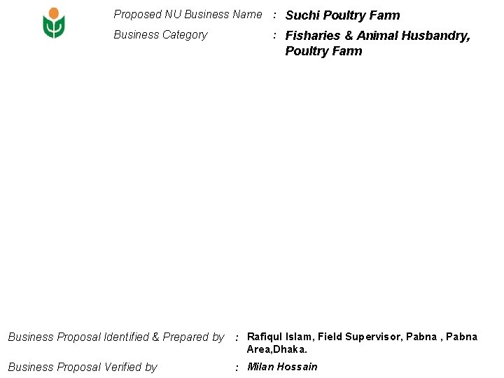 Proposed NU Business Name : Suchi Poultry Farm Business Category : Fisharies & Animal