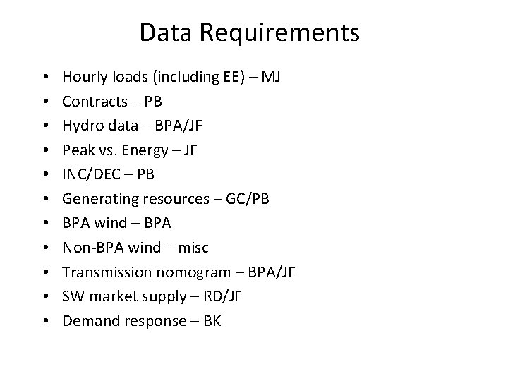 Data Requirements • • • Hourly loads (including EE) – MJ Contracts – PB