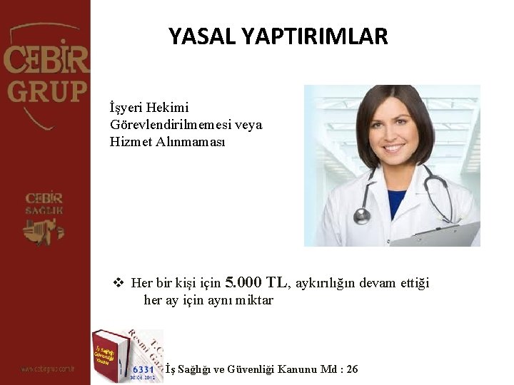 YASAL YAPTIRIMLAR İşyeri Hekimi Görevlendirilmemesi veya Hizmet Alınmaması v Her bir kişi için 5.