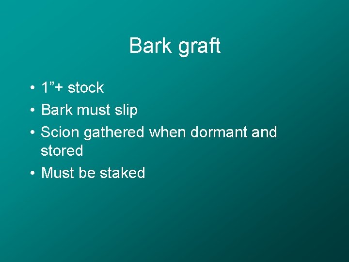 Bark graft • 1”+ stock • Bark must slip • Scion gathered when dormant