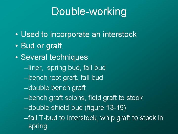 Double-working • Used to incorporate an interstock • Bud or graft • Several techniques