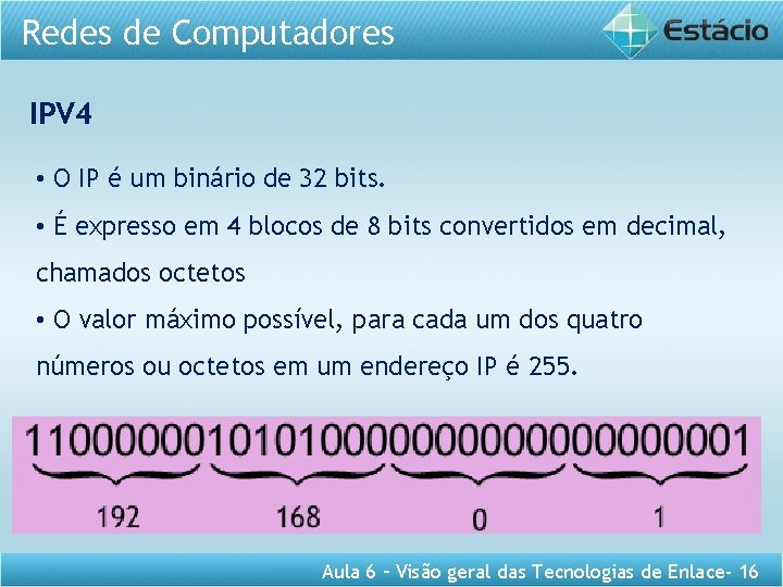 Redes de Computadores IPV 4 • O IP é um binário de 32 bits.