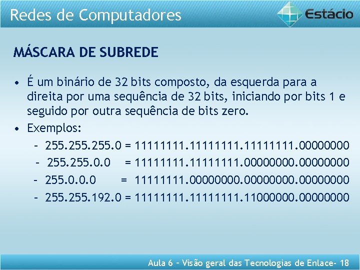 Redes de Computadores MÁSCARA DE SUBREDE • É um binário de 32 bits composto,